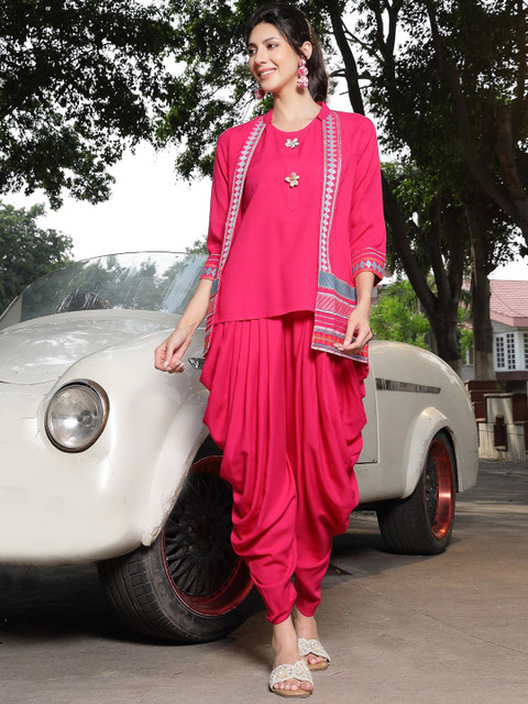 Stylum Women Solid Embroidered Fusion Kurti with Dhoti Pants & Jacket