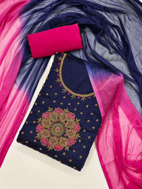 Rangtulika Ethnics Embroidered Beads and Stones Chanderi Silk Semi-Stitched Dress Material - Image 2