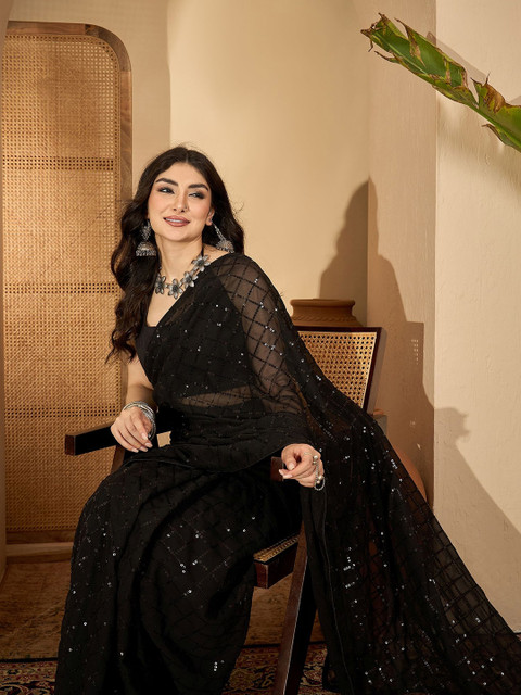 Sangria Checked Embellished Sequinned Saree With Unstitched Blouse