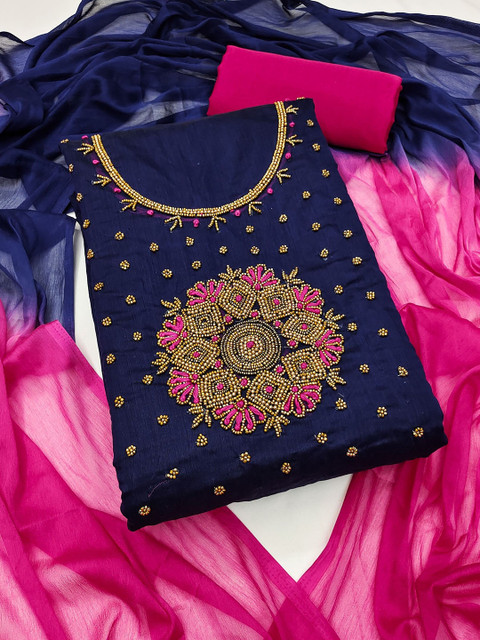 Rangtulika Ethnics Embroidered Beads and Stones Chanderi Silk Semi-Stitched Dress Material