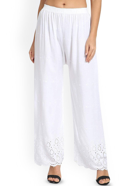 SRISARAS Women Embroidered Wide Leg Cotton Palazzos