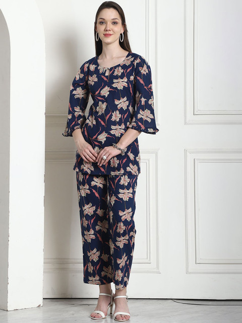 KALINI Women Foral Printed Pure Cotton Top With Trousers Co-ords