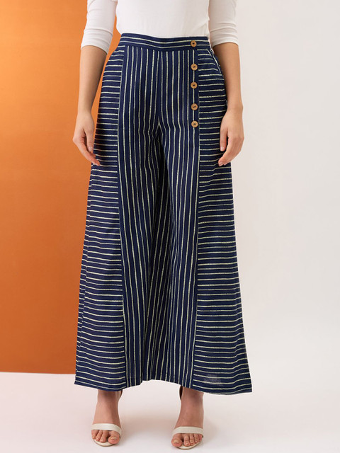 Globus Women ndigo Stripes Button Detail Mid-Rise Flared Fusion Palazzos