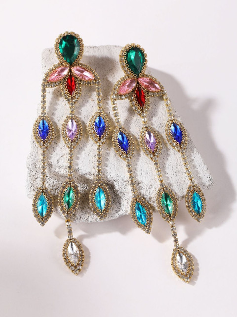 StyleCast Gold-Plated Rhinestone Studded Tasselled Teardrop Shaped Drop Earrings