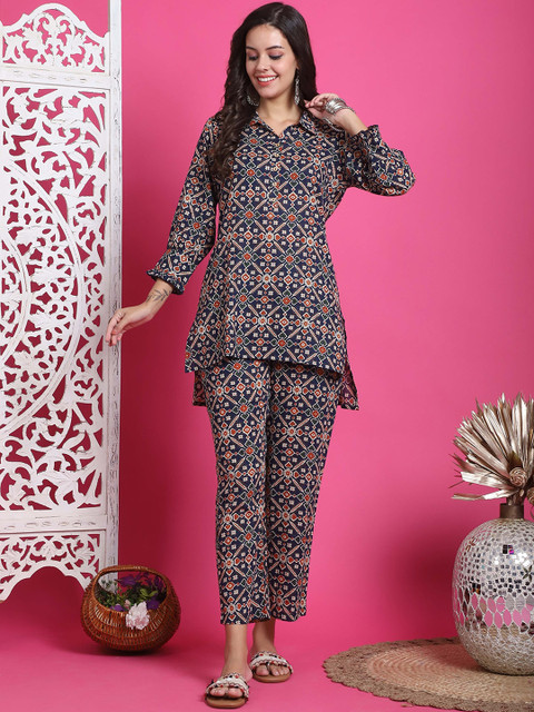 KALINI Printed Pure Cotton Top With Trousers Co-ords