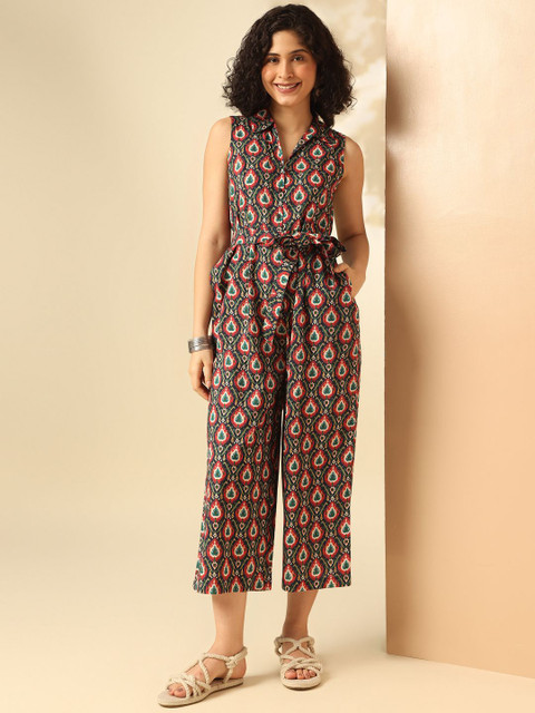 Anouk Printed Shirt Collar Culotte Jumpsuit with Waist Tie-Ups
