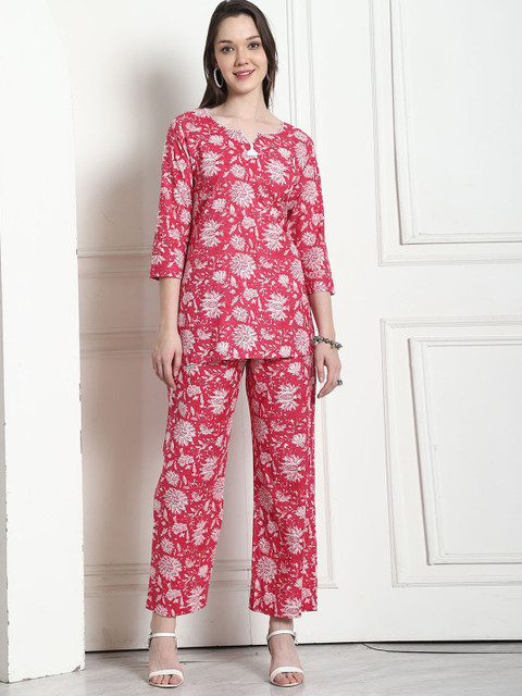 KALINI Printed Notch Neck Pure Cotton Tunic With Trousers