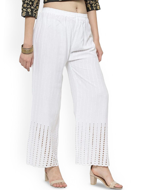 SRISARAS Women Striped Hem Design Straight Fit Cotton Palazzos