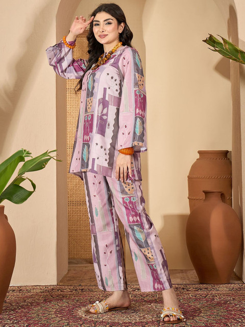 Sangria Printed Mandarin Collar Tunic & Trousers Co-Ords