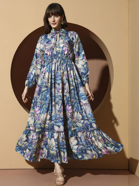 OTABU Floral Print Applique A-Line Maxi Dress