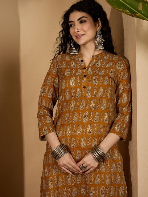 Sangria Floral Printed Mandarin Collar Pure Cotton Straight Kurta