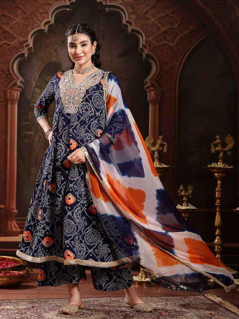 Stylum Bandhani Printed Zari V-Neck Kurta With Trousers & Dupatta