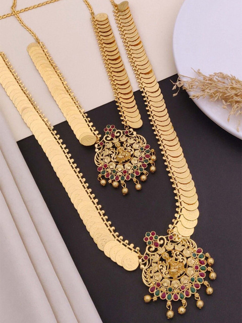 SOLIBELLE Set Of 2 Gold-Plated Stones Studded Traditional Laxmi Temple Necklaces