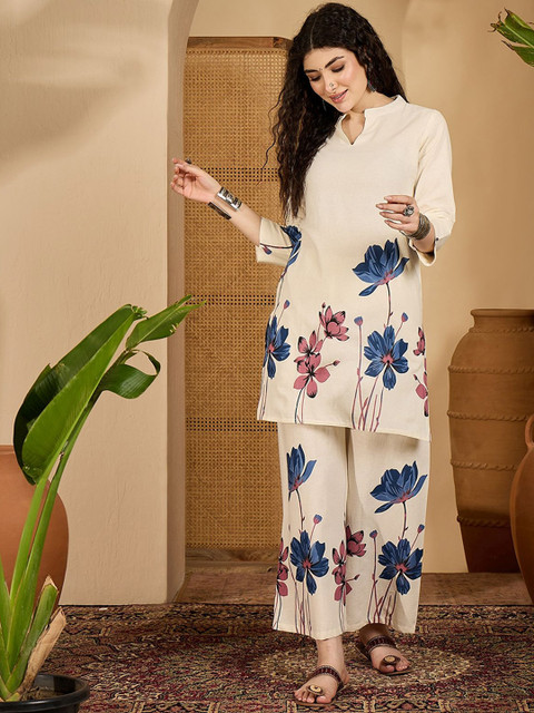 Sangria Floral Printed Pure Cotton Tunic With Trouser - Image 7