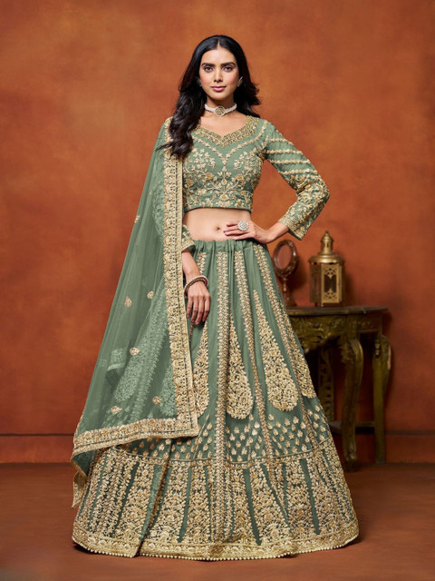 ODETTE Embroidered Thread Work Net Semi-Stitched Lehenga & Unstitched Blouse With Dupatta
