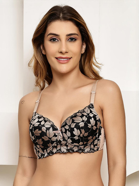 PrettyCat Beige Underwired Polyester T-shirt Embellished Bra