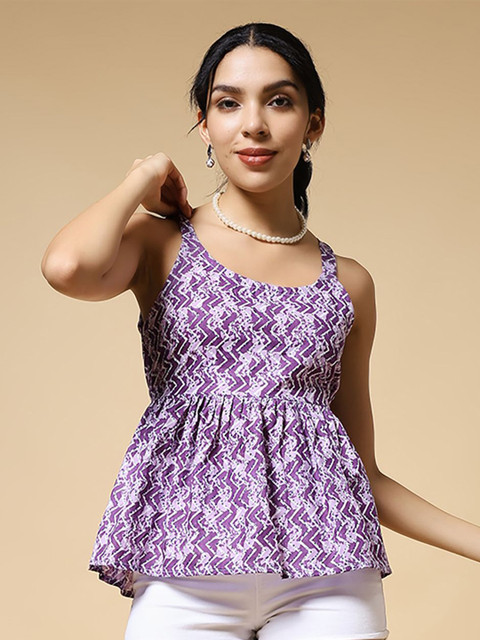 Womenster Women Zigzag Batik Printed Scoop Neck Strappy Sleeveless Ethnic Cotton Top