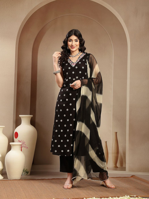 Stylum Women Floral Printed & Embroidered Rayon A-Line Kurta With Dupatta