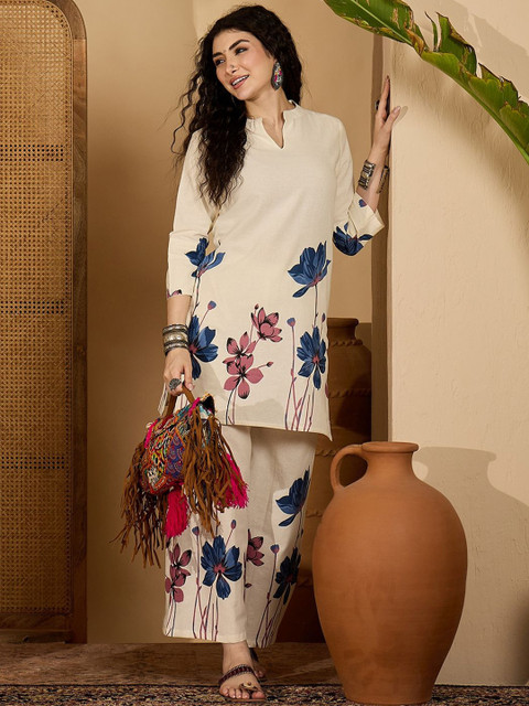Sangria Floral Printed Pure Cotton Tunic With Trouser