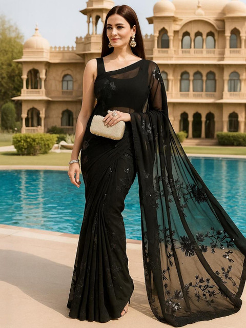 HERE&NOW Floral Sequinned Poly Georgette Saree