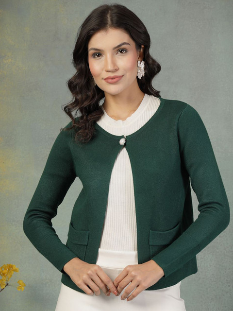Mafadeny Women Solid Button Closure Front-Open Shrug