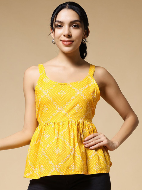 Yellow Geometric Printed Scoop Neck Sleeveless Cotton Top