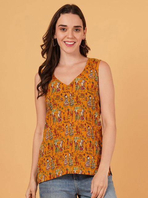 PFFASHION Women Ethnic Motifs Printed V-Neck Pure Cotton Kurti