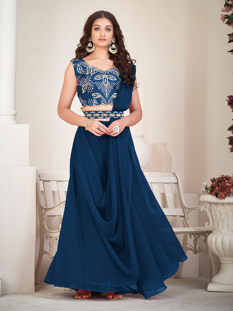 KALINI Embroidered Thread Work Georgette Semi-Stitched Lehenga & Blouse With Dupatta