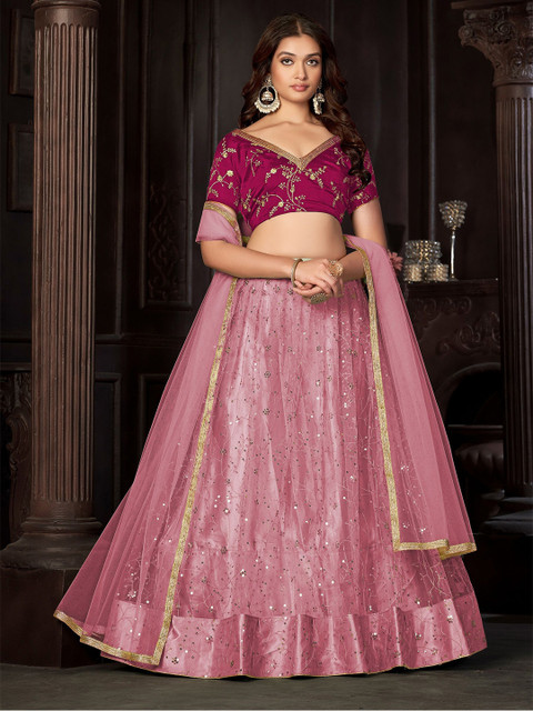 KALINI Embroidered Sequinned Semi-Stitched Net Lehenga & Unstitched Blouse With Dupatta