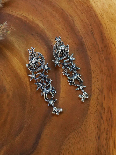 trueBrowns Sliver-Plated Artificial Stones And Beads Animal Shaped Oxidised Drop Earrings