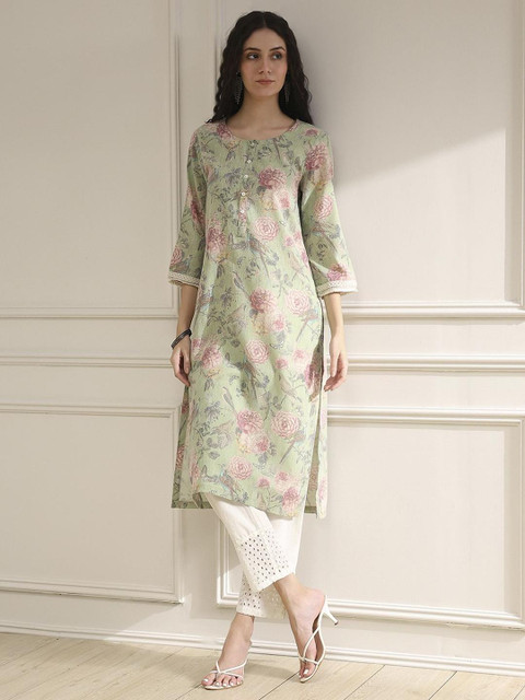 Biba Floral Printed Round Neck Straight Kurta