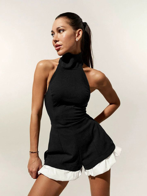 Outzidr Women Halter Neck Ruffle Mini Jumpsuit