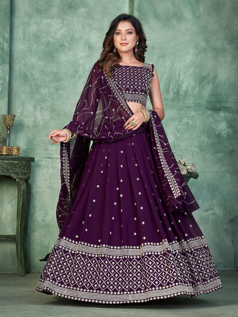 KALINI Embroidered Semi-Stitched Poly Georgette Lehenga & Unstitched Blouse With Dupatta