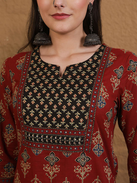 Sangria Printed Pure Cotton Round Neck Straight Kurta & Palazzo With Dupatta - Image 2