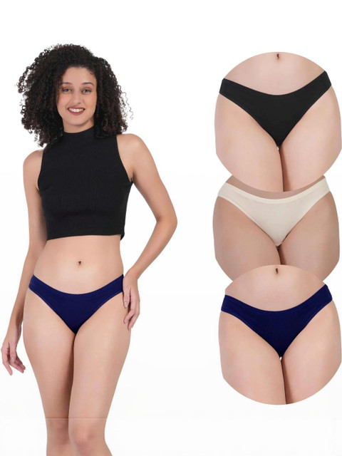 ORLIZEA Women Set Of 3 Dark Blue, Black, Beige Solid Cotton Blend Briefs