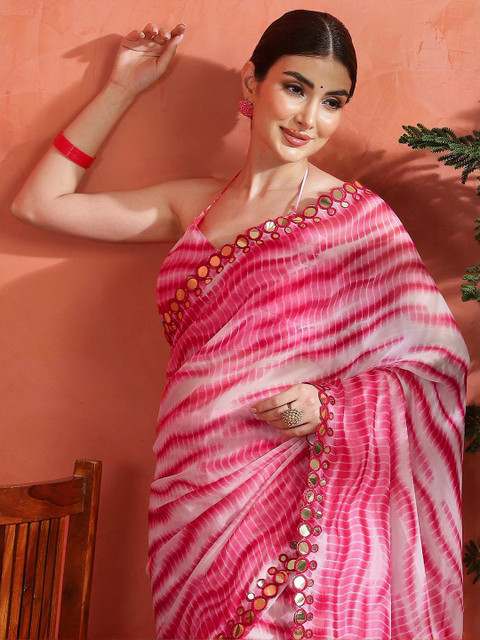 Sangria Printed With Mirror Work Embellished Saree With Unstitched Blouse