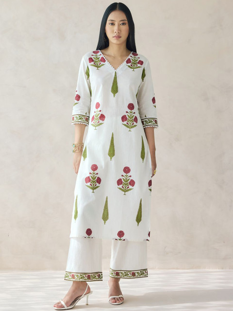 FIORRA Women Floral Printed Regular Pure Cotton Kurta with Trousers