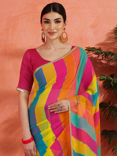 Sangria Striped Embellished Pure Georgette Saree With Unstitched Blouse - Image 6
