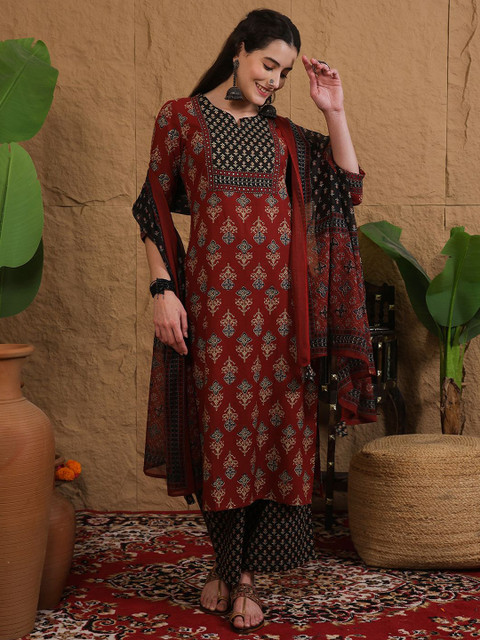 Sangria Printed Pure Cotton Round Neck Straight Kurta & Palazzo With Dupatta - Image 5