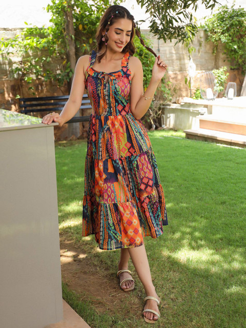 Rain & Rainbow Multicoloured Printed Fit & Flare Ethnic Dress