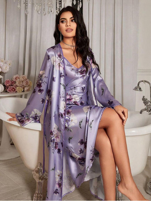 For You For Me Floral Printed Satin Nightdress with Robe