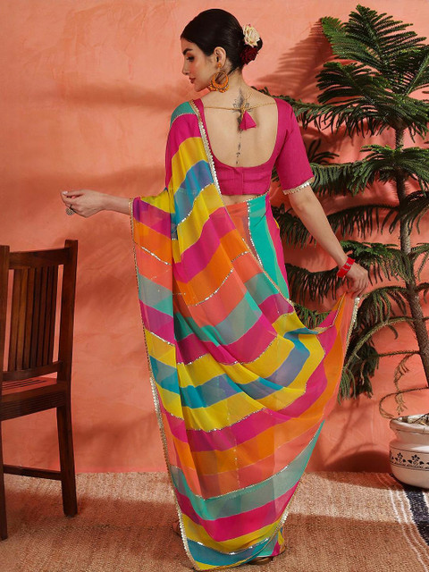 Sangria Striped Embellished Pure Georgette Saree With Unstitched Blouse - Image 3