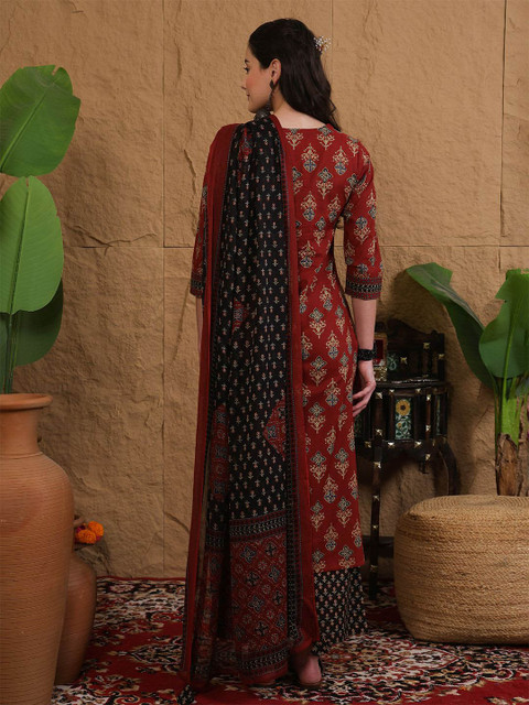 Sangria Printed Pure Cotton Round Neck Straight Kurta & Palazzo With Dupatta - Image 4
