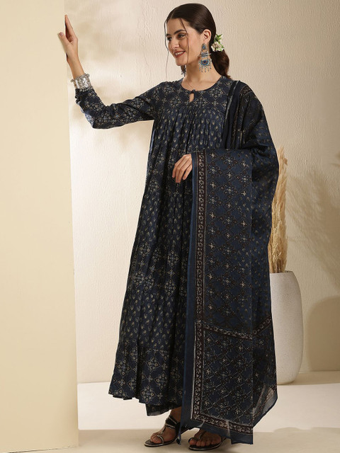 Sangria Floral Printed Pure Cotton Key Hole-Neck Anarkali Kurta With Trouser & Dupatta