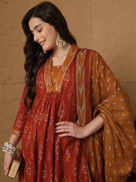 Sangria Ethnic Motifs Printed Pleated Pure Cotton Anarkali Kurta with Palazzos & Dupatta