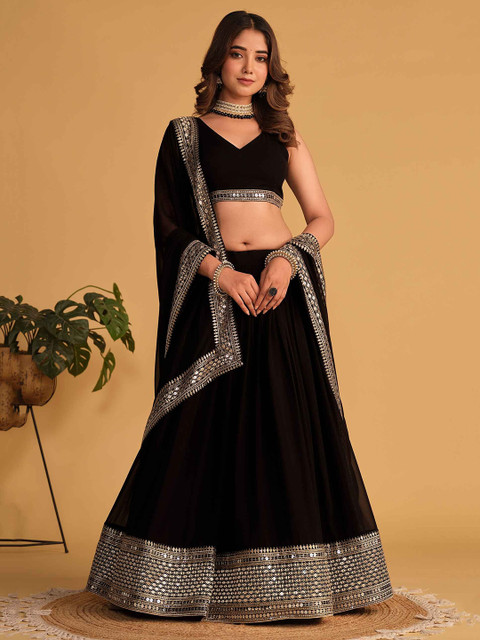ETHNIC PLUS Embroidered Sequinned Semi-Stitched Lehenga & Unstitched Blouse With Dupatta