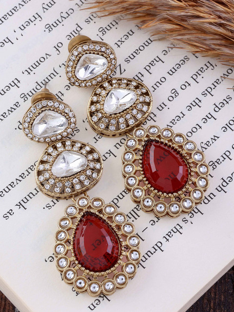 SHONA'S STYLE Brass-Plated Zircon Studded Teardrop Shaped Drop Earrings