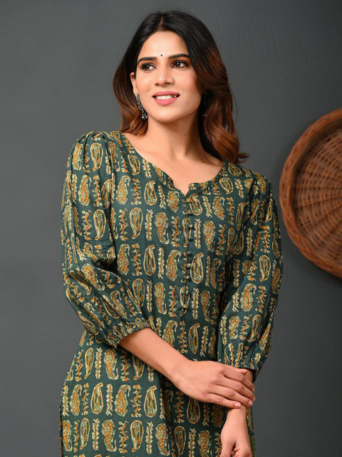 Rimeline Women Paisley Printed Puff Sleeves Pure Cotton Kurta