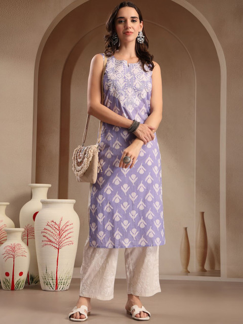 Sangria Women Floral Embroidered Pure Cotton Straight Kurta - Image 5