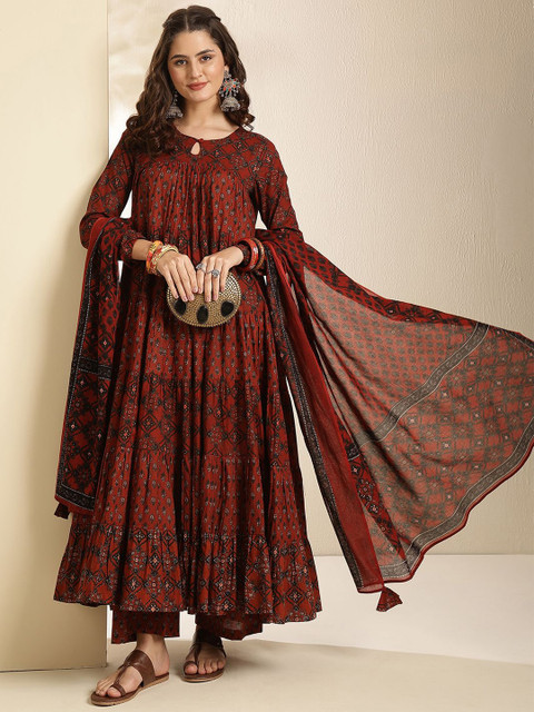 Sangria Women Ethnic Motifs Printed Cotton Anarkali Kurta with Palazzo & Dupatta